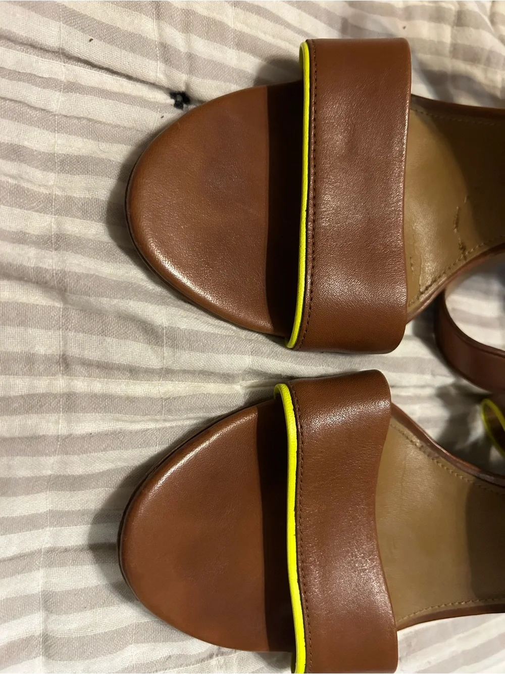 Brown Block Heel Strappy Sandals with Neon Trim